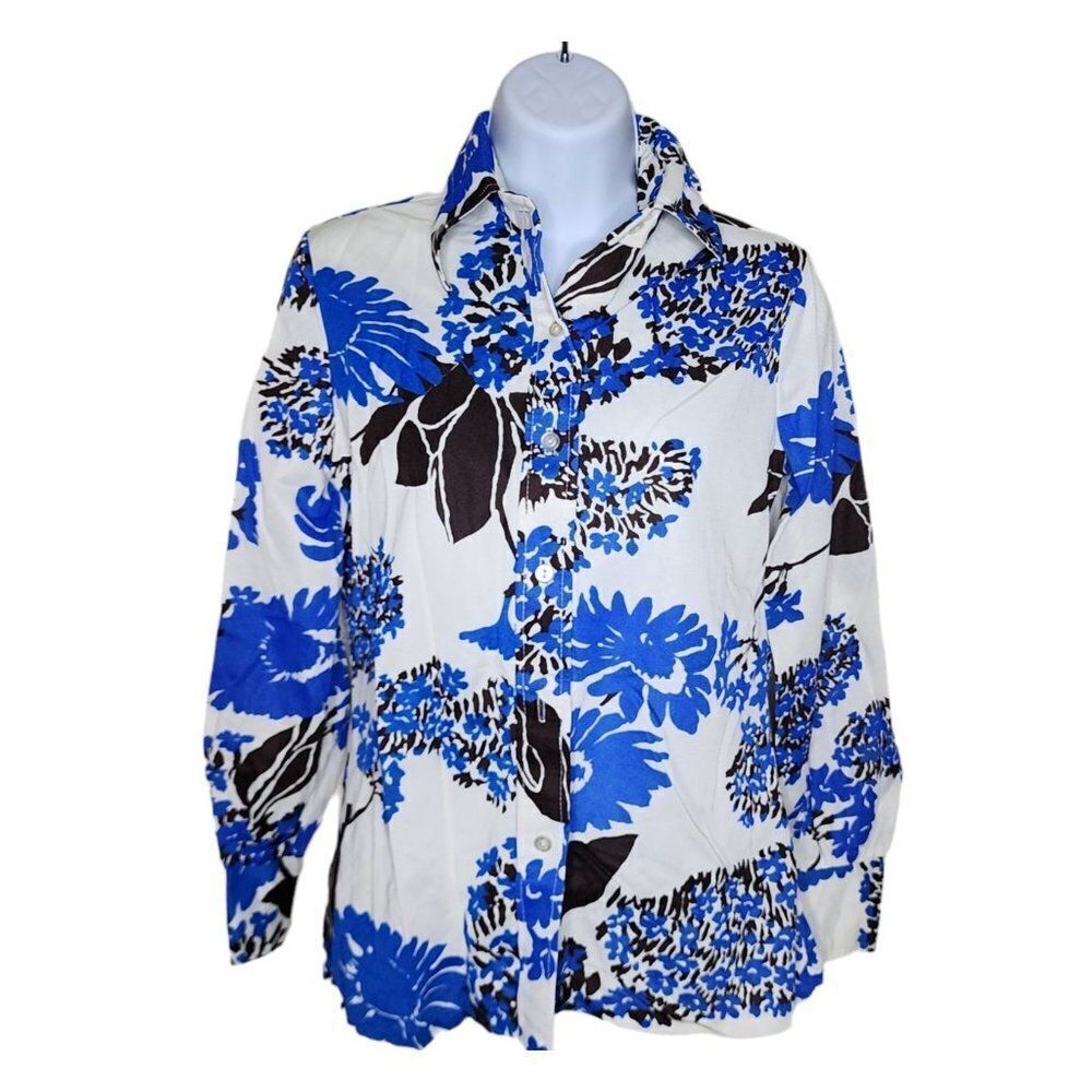 Vintage 70s Disco Shirt Blouse Womens Size M Blue White Floral Dagger Collar